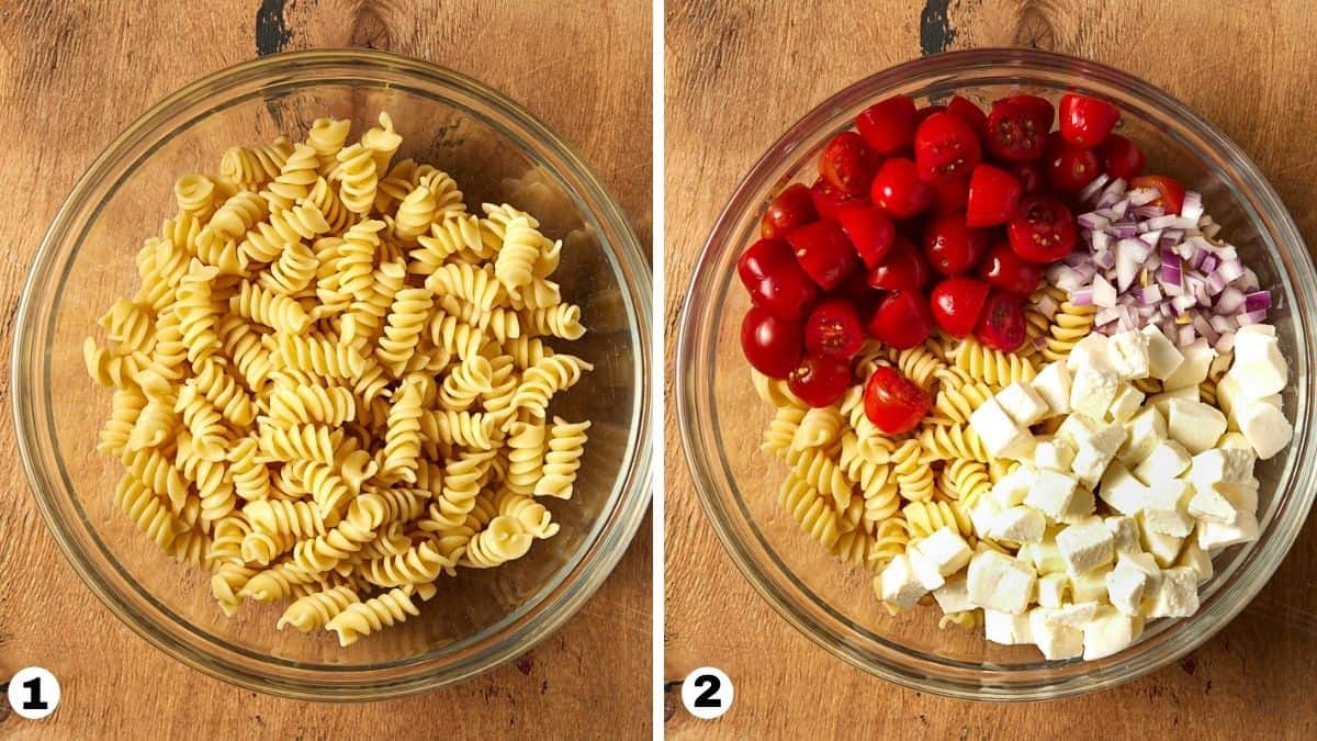 steps 1 and 2 for caprese pasta salad.