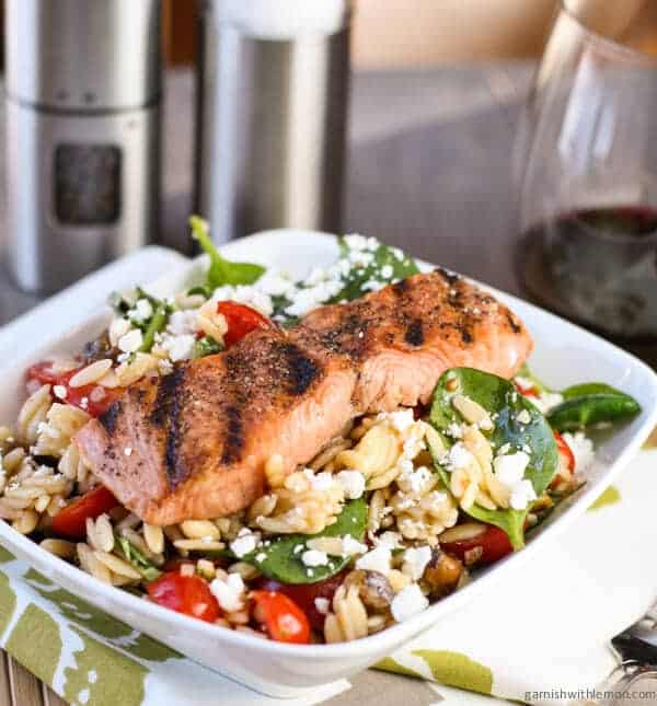 salmon with spinach and tomato orzo