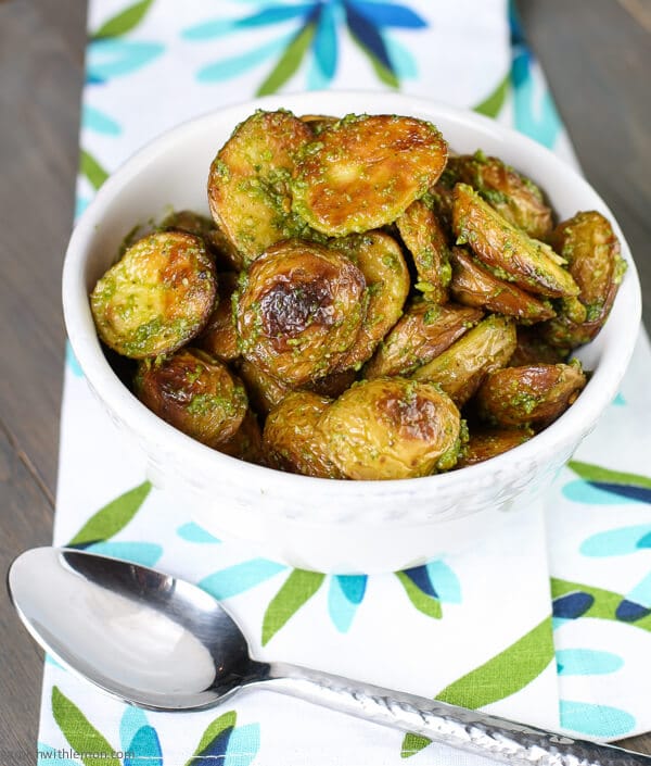 roasted potatoes with arugula pistachio pesto