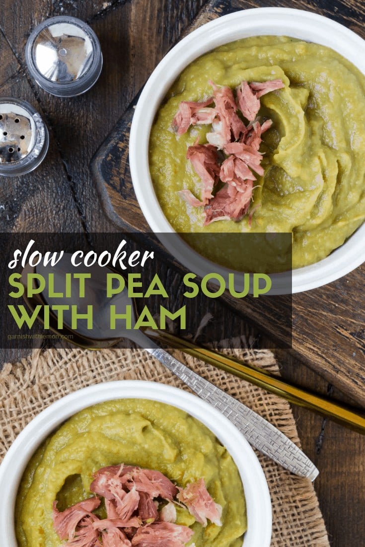 Two white bowls of Slow Cooker Split Pea Soup with Ham on a dark wood background. Garnished with extra ham.