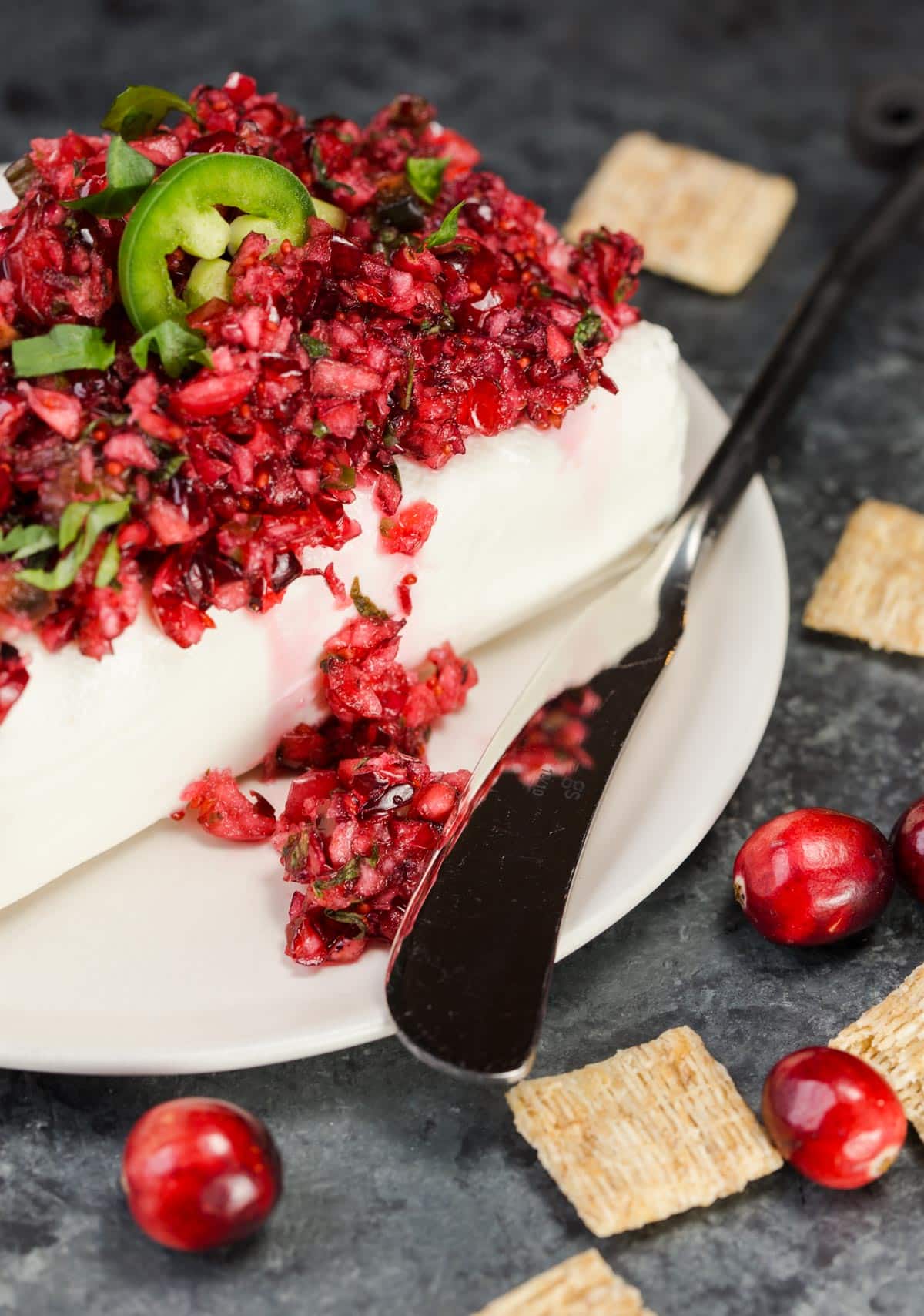 Spicy Cranberry Salsa with Cream Cheese - Garnish with Lemon