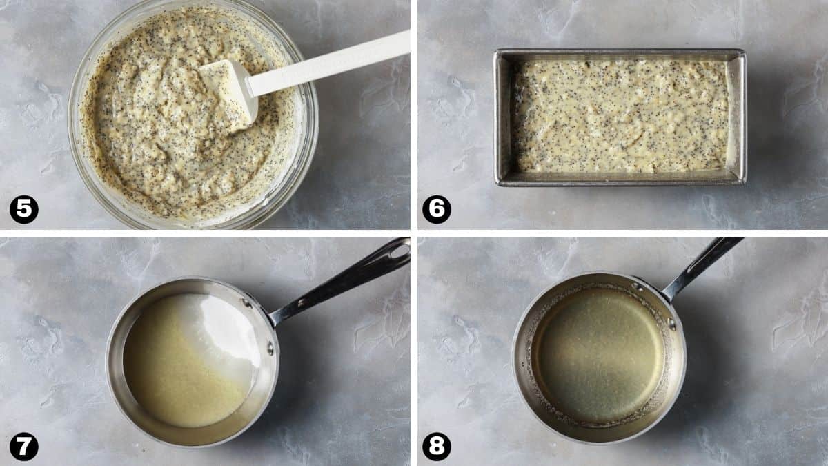 Adding batter to loaf pan and making lemon syrup in small pot. 