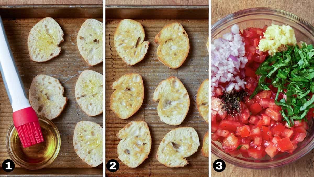 Sheet pan with crostini and bowl filled with bruschetta ingredients. 