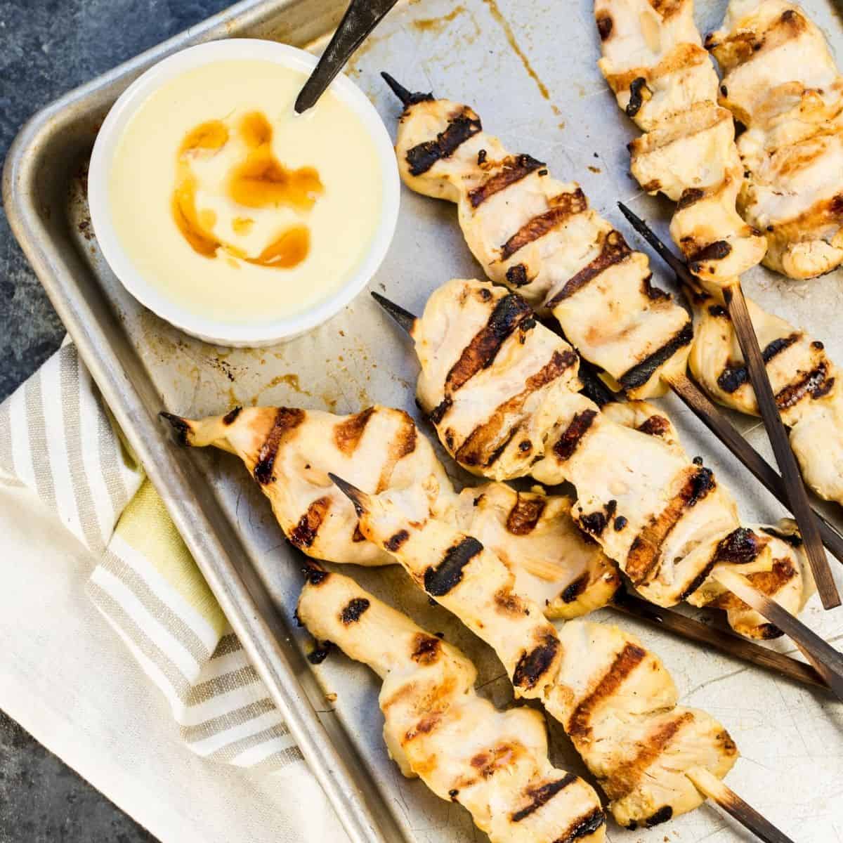 Honey Mustard Yogurt Chicken Skewers Garnish with Lemon
