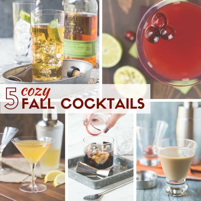 Various fall cocktails in glasses.