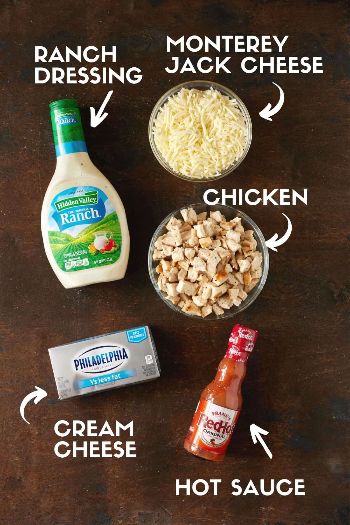 Ingredients for buffalo chicken dip.