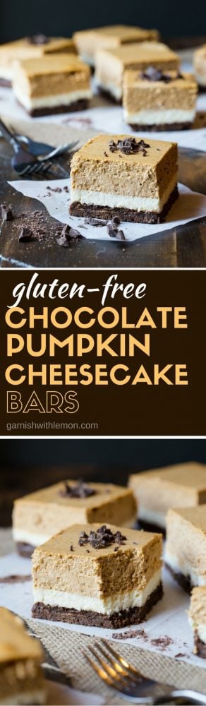 Need a gluten-free dessert for entertaining this fall? This recipe for make-ahead Gluten-Free Chocolate Pumpkin Cheesecake Bars is sure to be a huge hit with your guests!