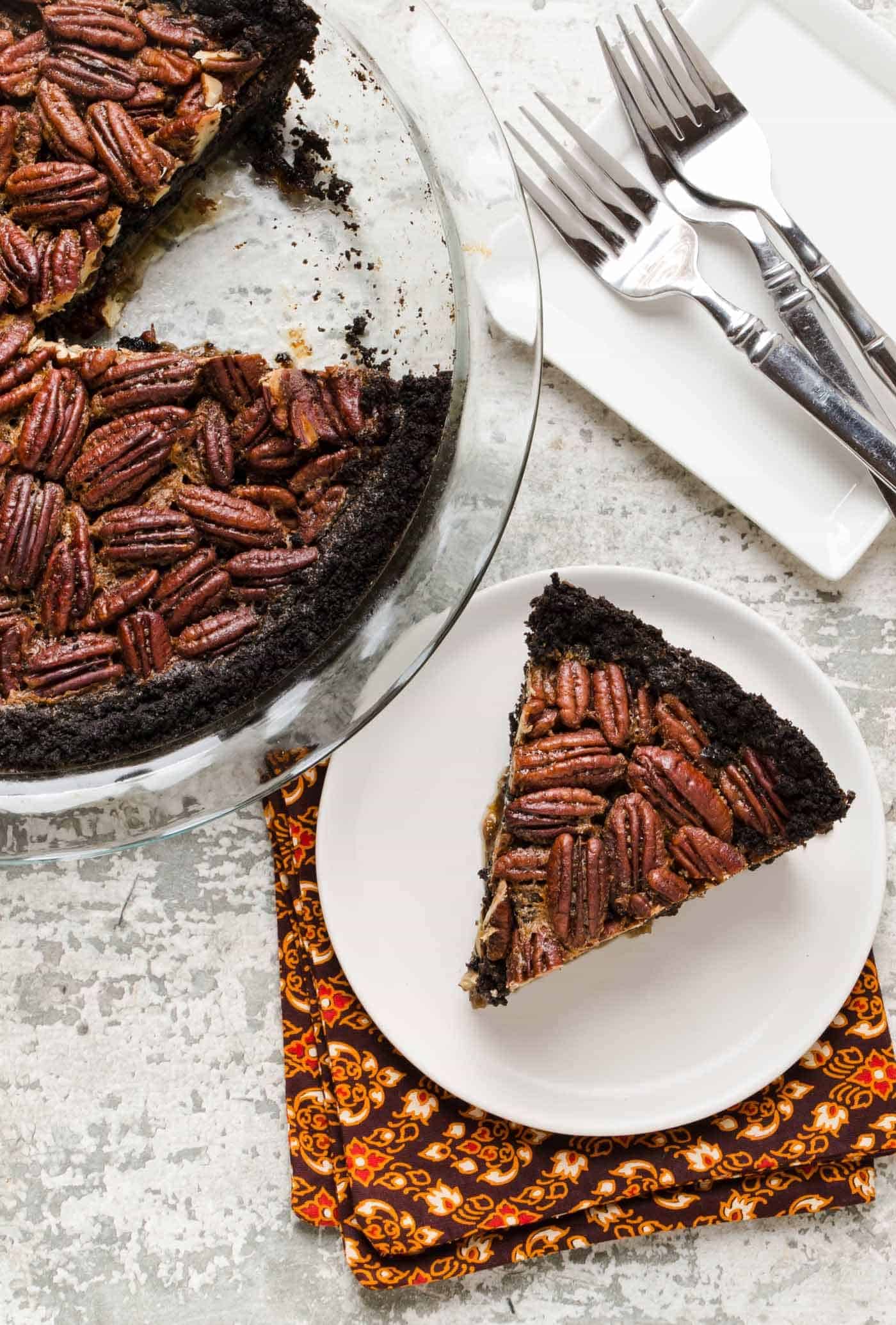 bourbon pecan pie with chocolate cookie crust