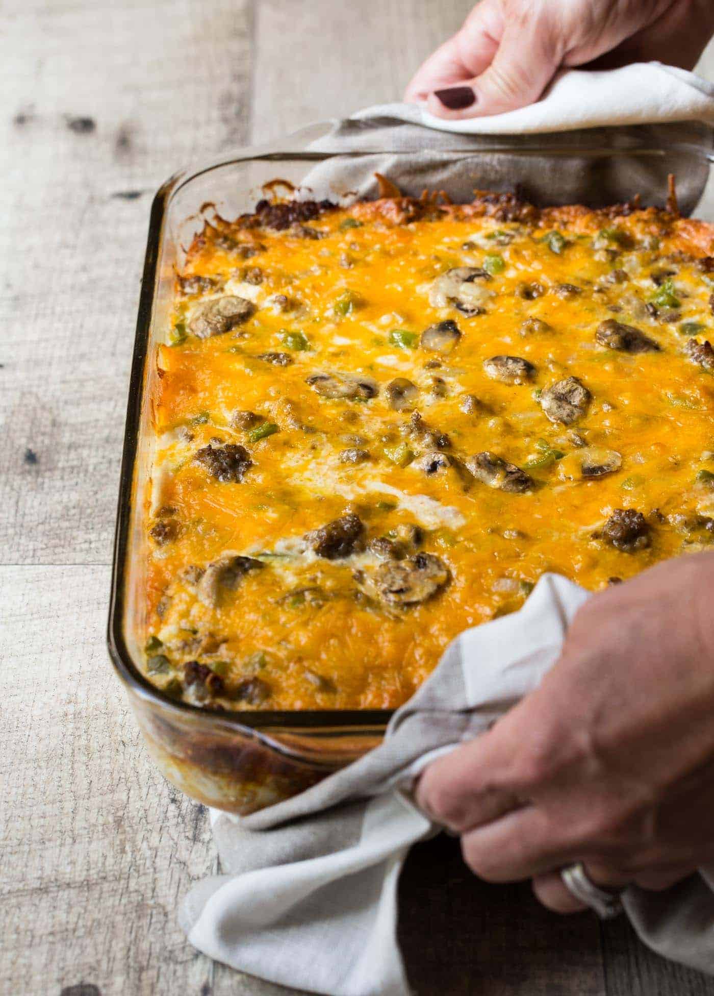 Breakfast casserole in a glass dish. 