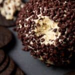 chocolate chip cheesecake ball covered in chocolate chips.