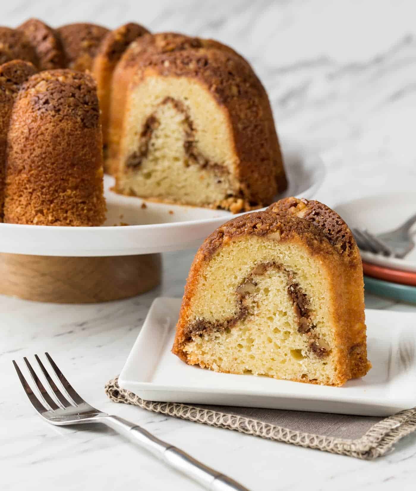 Coffee bundt cake on plate.