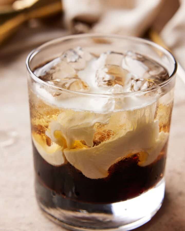 Kahlua White Russian in lowball glass with ice.