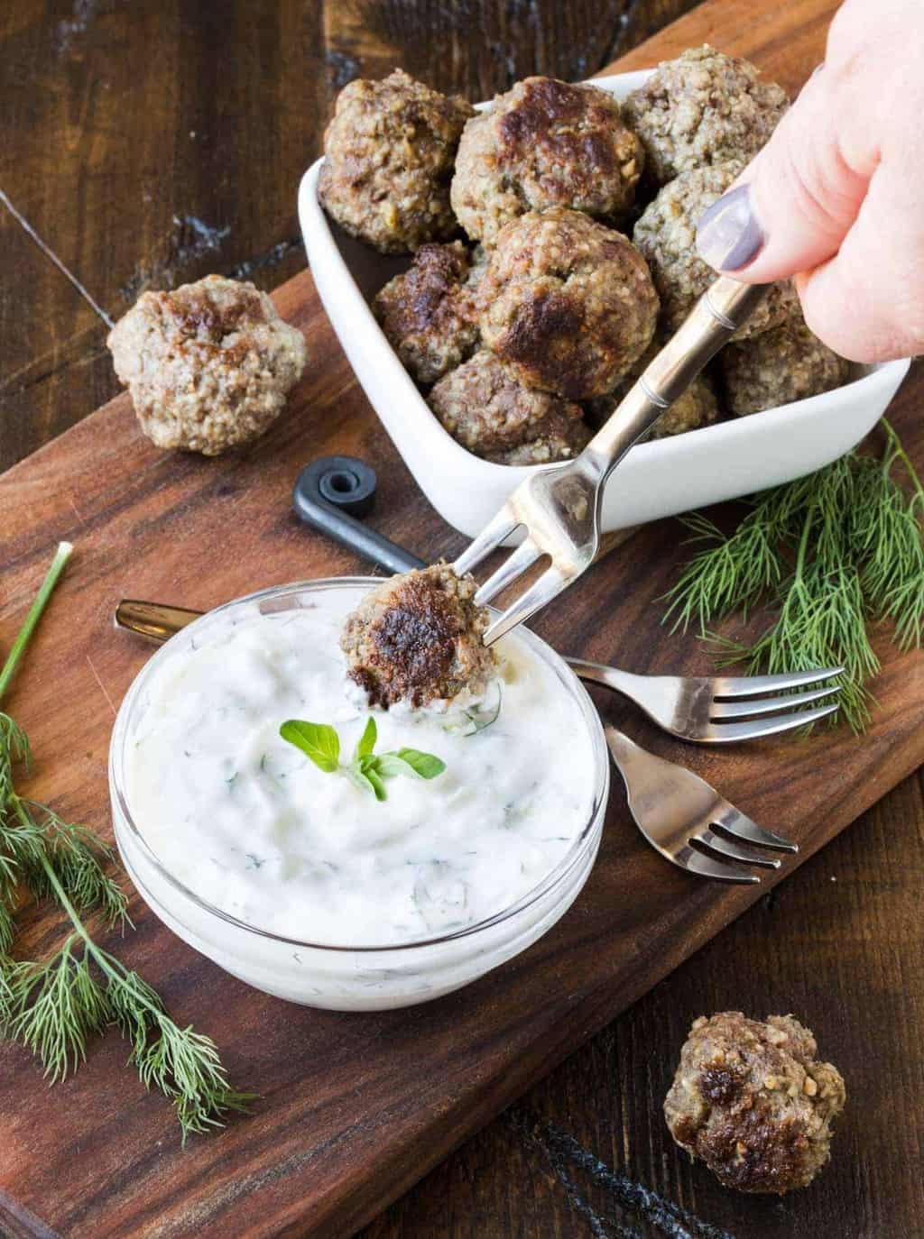 Greek Meatballs with Tzatziki Sauce - Garnish with Lemon
