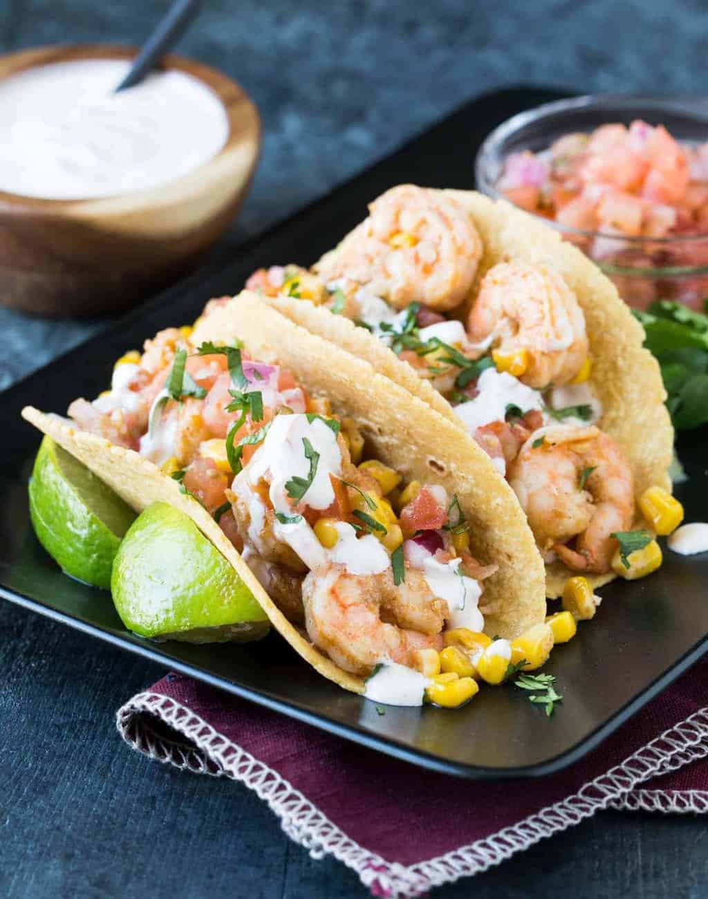 Shrimp Tacos with Chipotle Cream - Garnish with Lemon