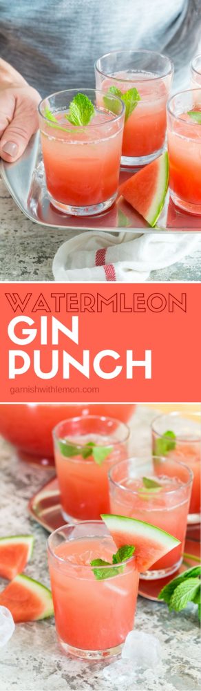 Glasses of watermelon gin punch with full pitcher.