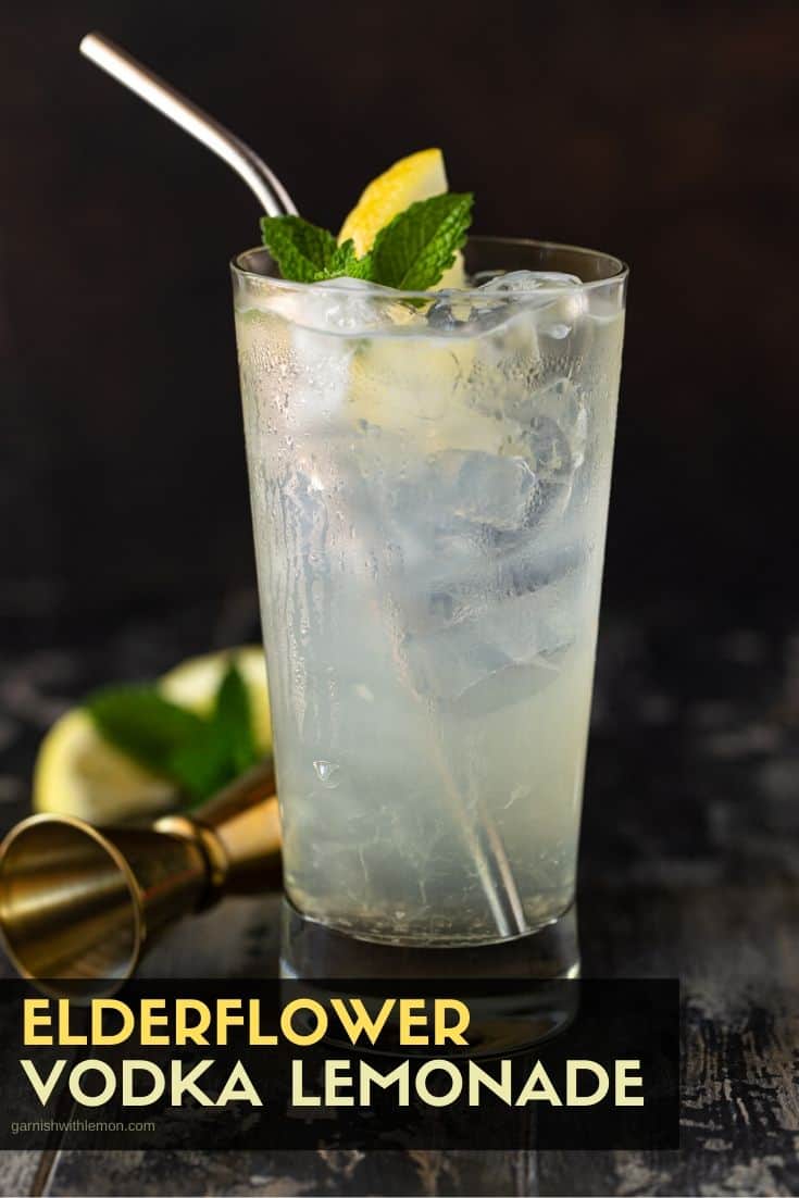 Elderflower Vodka Lemonade in a single high ball glass pinterest image.