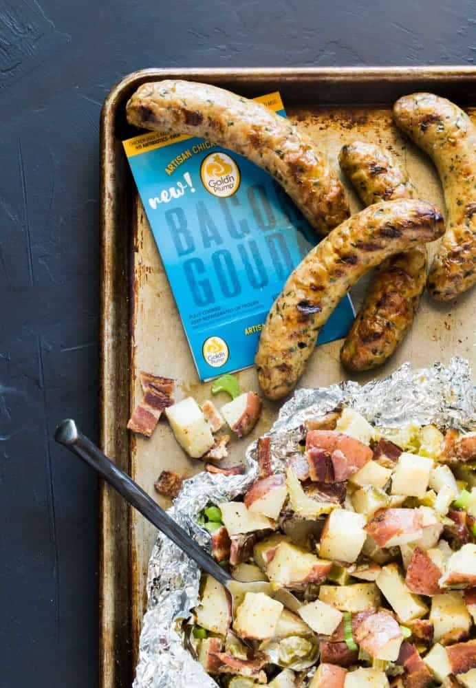 Grilled German Potato Salad with Sausage Garnish with Lemon