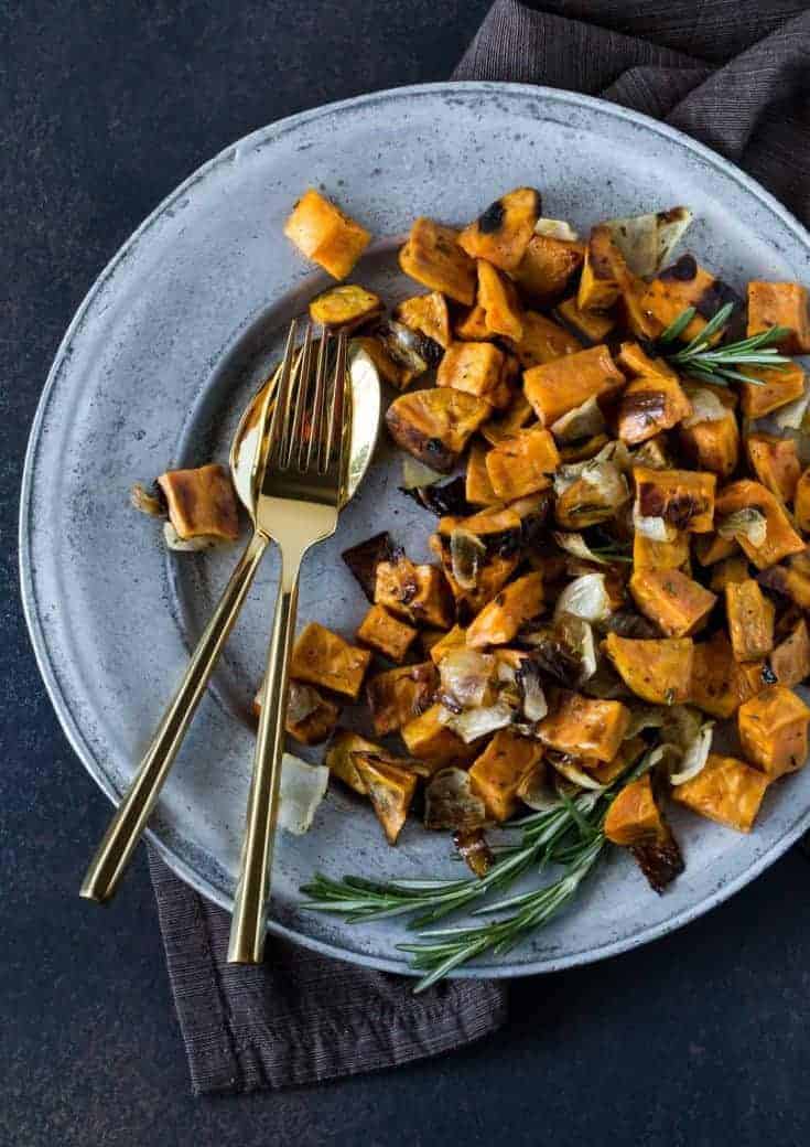 Rosemary Roasted Sweet Potatoes & Onions recipe - Garnish with Lemon