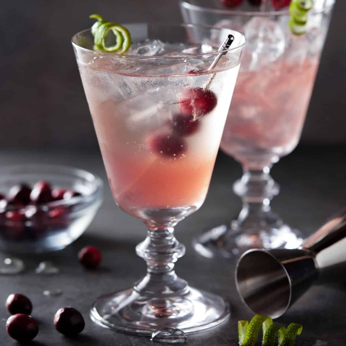 Cranberry gin cocktail in a footed glass filled with ice and garnished with cranberries and a lime twist.