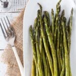 Oven Roasted Asparagus on a white platter drizzled with brown butter sauce.