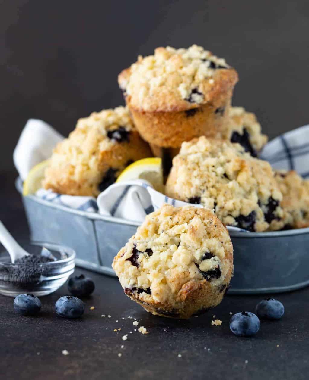 Silver tray filled with Blueberry Lemon Poppy Seed Muffins