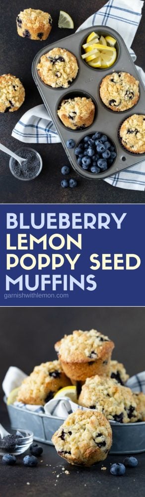  Blueberry Lemon Poppy Seed Muffins in tins and bowls.