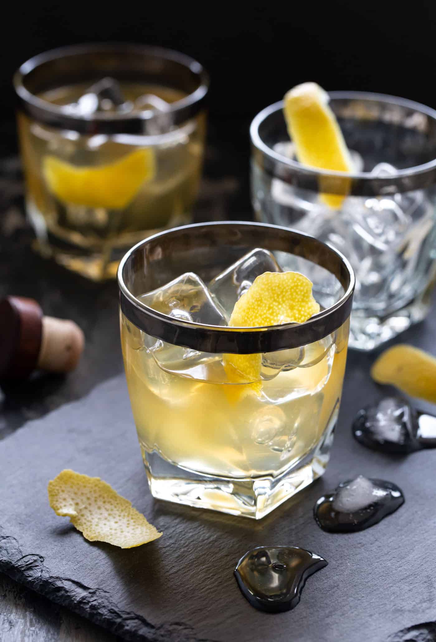 Cocktails on a slate board. 