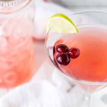 Martini in tall glass on a white background with fresh cranberries and lime wedges for garnish.