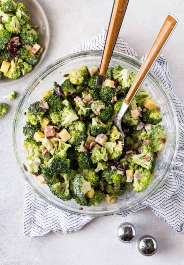 a bowl of broccoli salad.