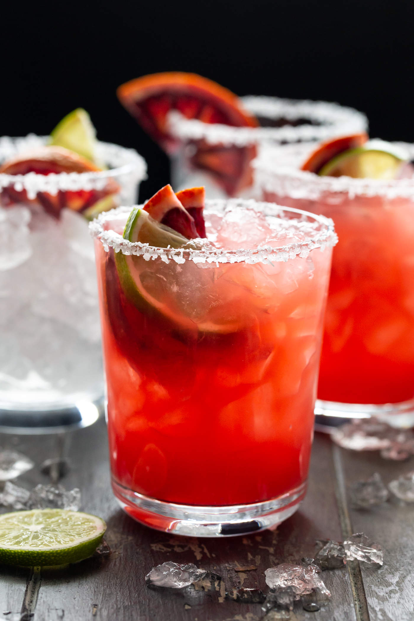 Glasses of blood orange margaritas. 