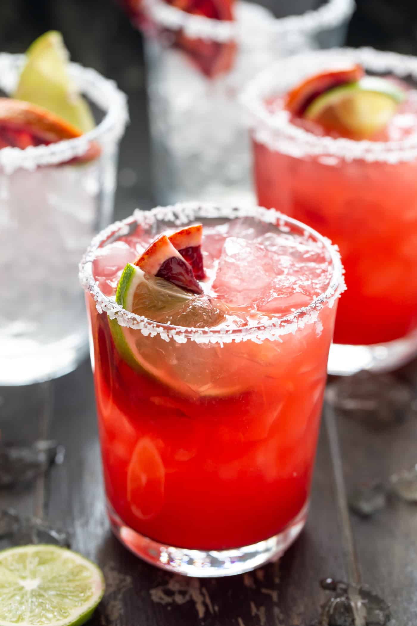 Glasses of blood orange margaritas. 