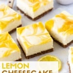 Lemon Cheesecake Bars on white parchment paper. A small bowl of fresh lemon curd is nearby. Garnished with fresh lemon slices. 