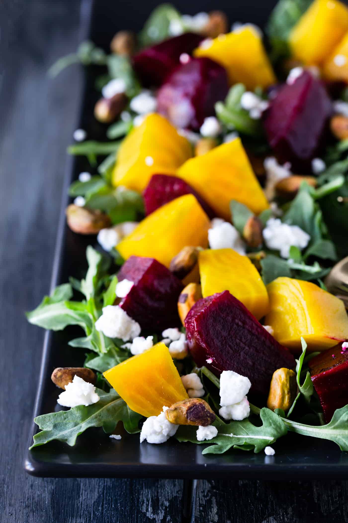 Easy Roasted Beet Salad with Goat Cheese Arugula and Pistachios 
