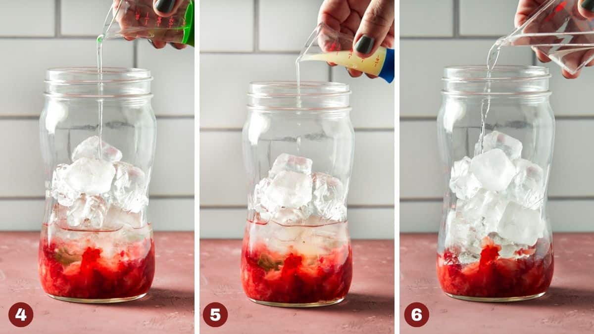 Hand pouring ingredients into mason jar filled with ice and muddled strawberries. 