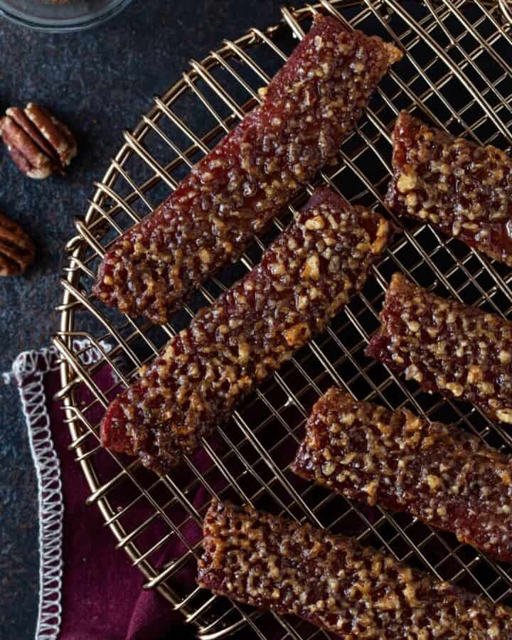 candied bacon on plate.