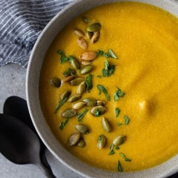 bowl of soup with spoon.