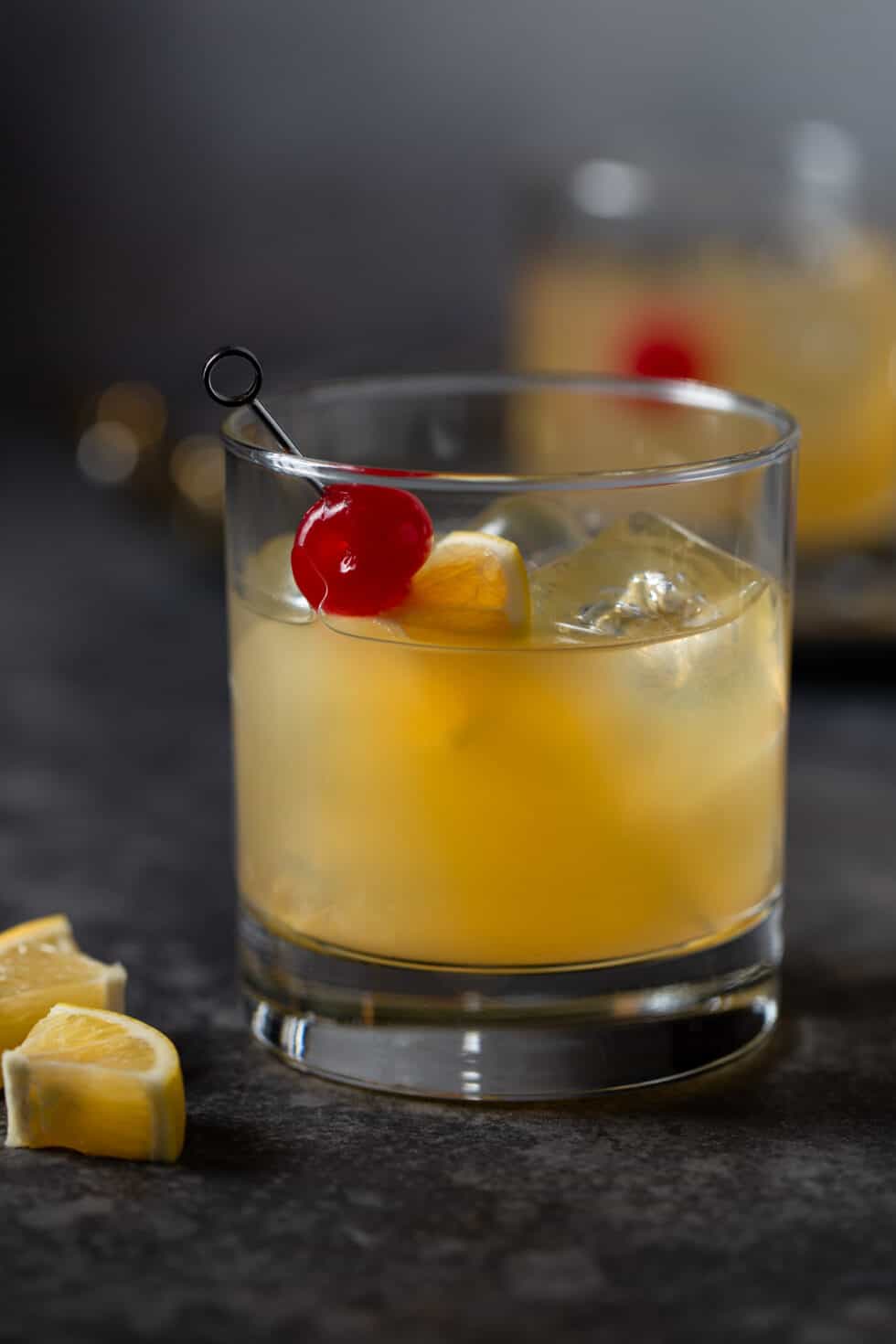 Easy Whiskey Sour Recipe (w/Meyer lemon juice) - Garnish with Lemon