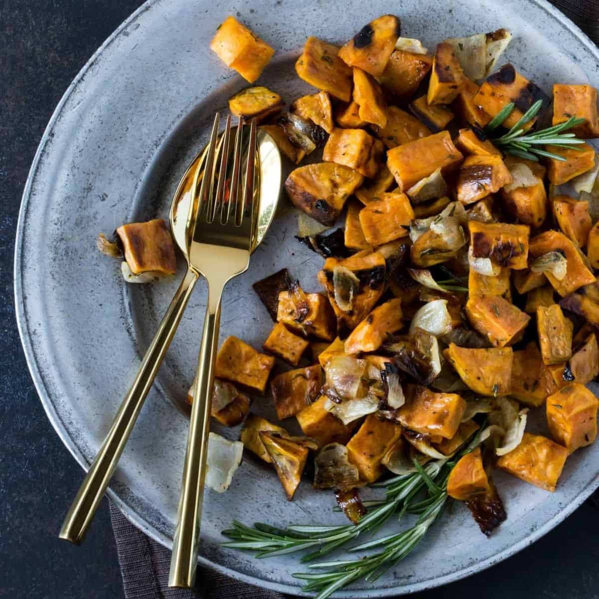 Oven Roasted Sweet Potato Cubes (easy side dish recipe) - Garnish with