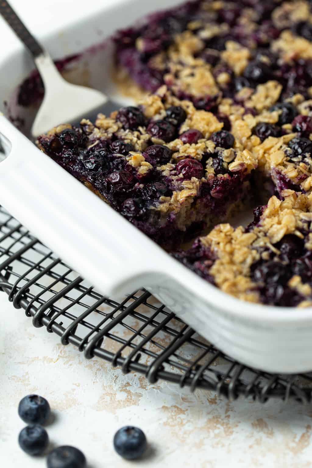 Baked oatmeal in baking dish.
