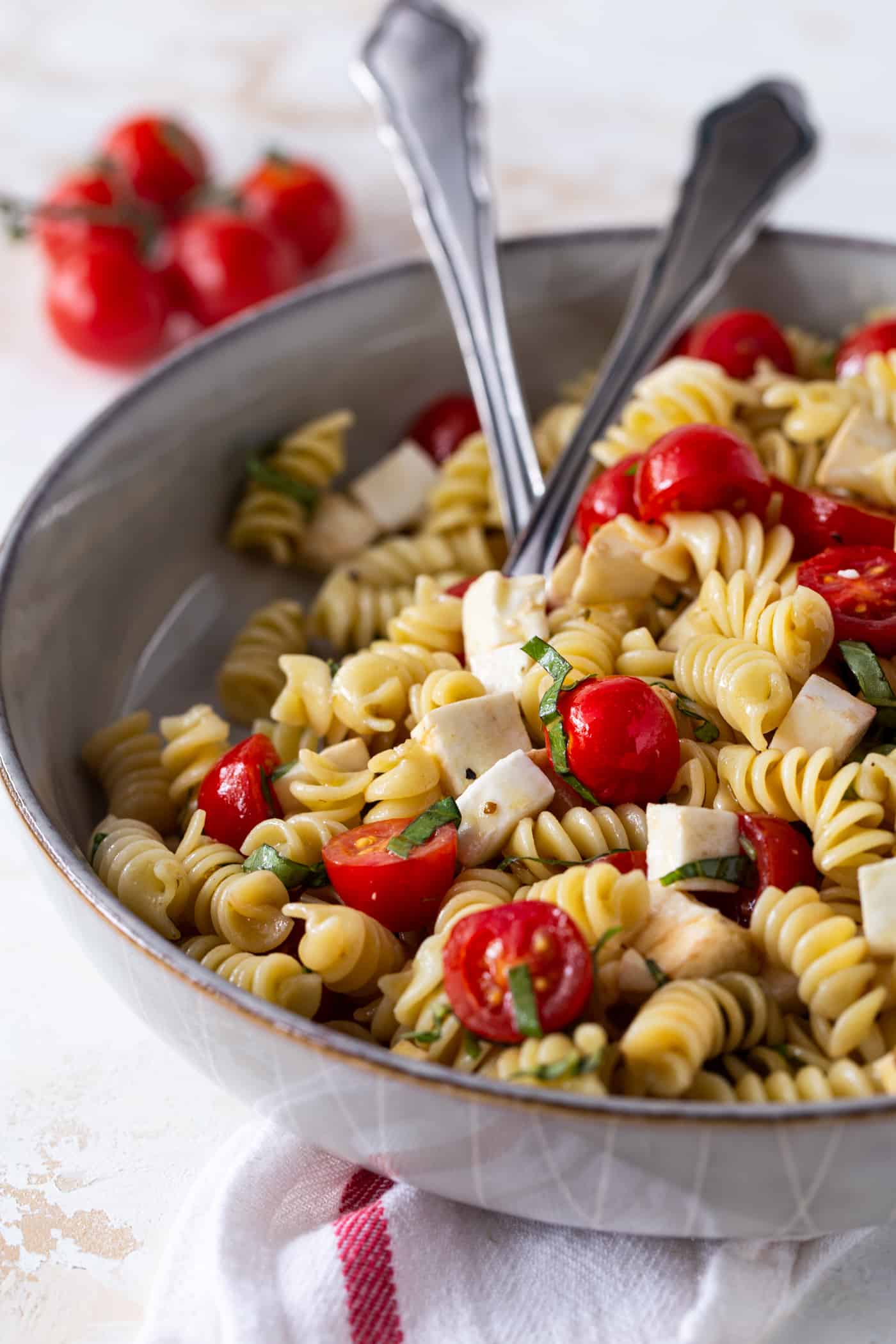 A bowl of Pasta with tomatoes and mozzarella.