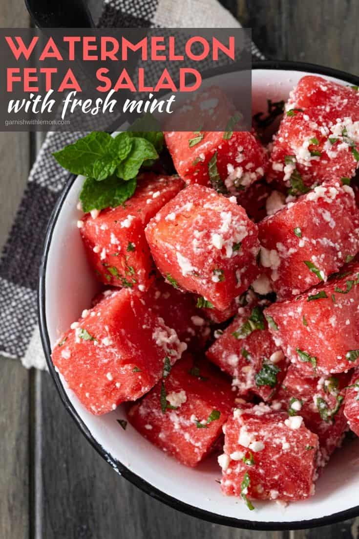 White bowl filled with watermelon feta salad