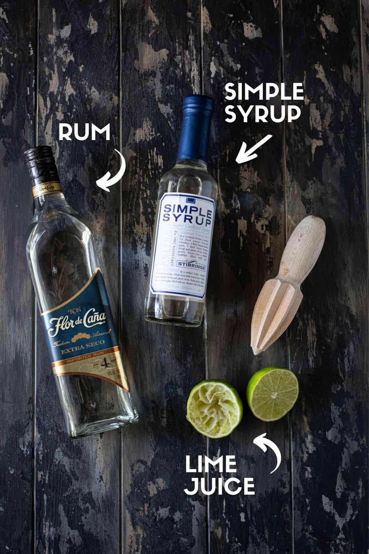 Daiquiri ingredients including rum, simple syrup and lime juice.