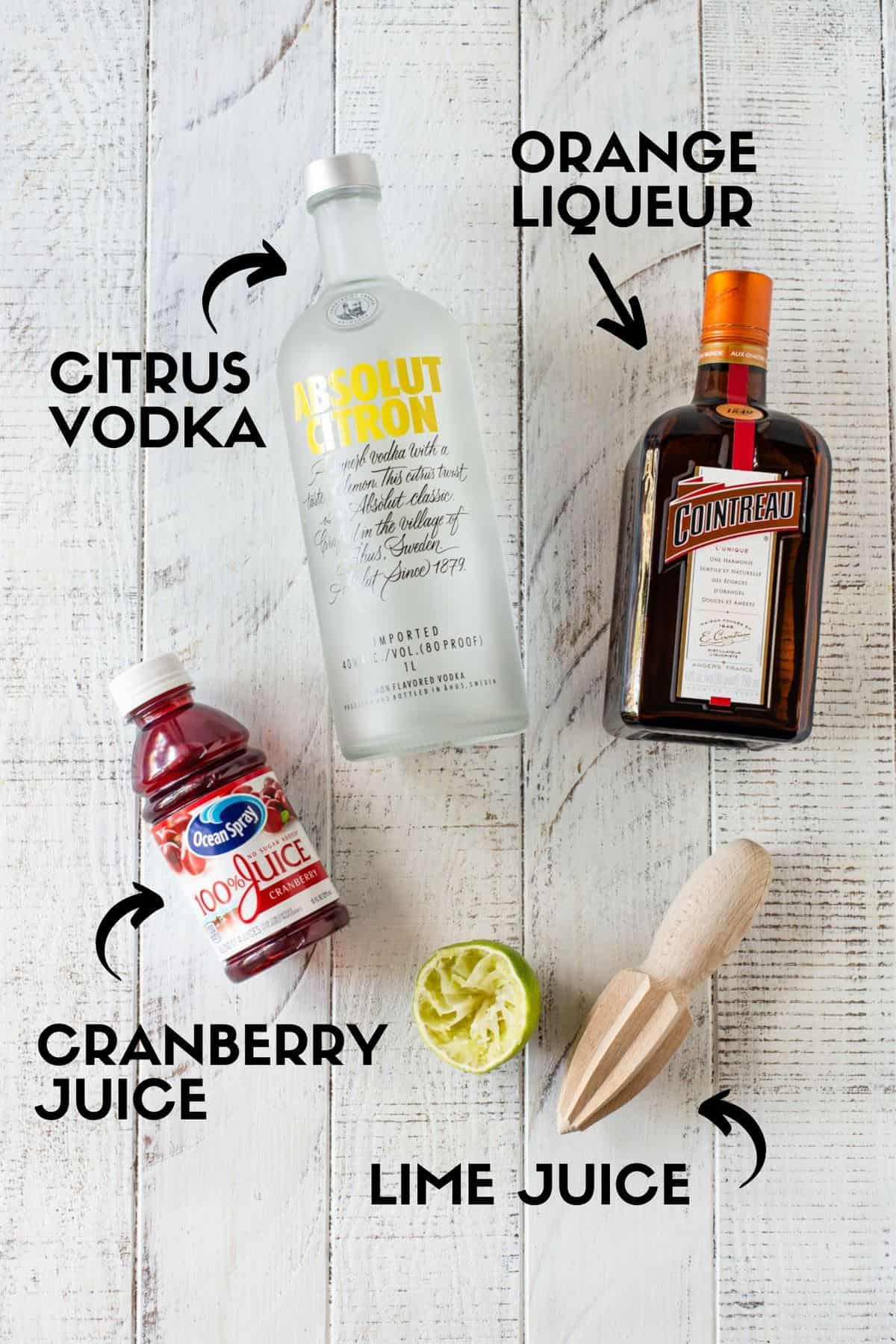 Text with ingredients for Cosmopolitan.