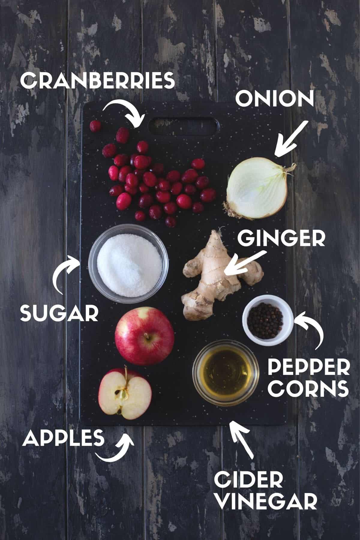 Ingredients for cranberry apple chutney in bowls.