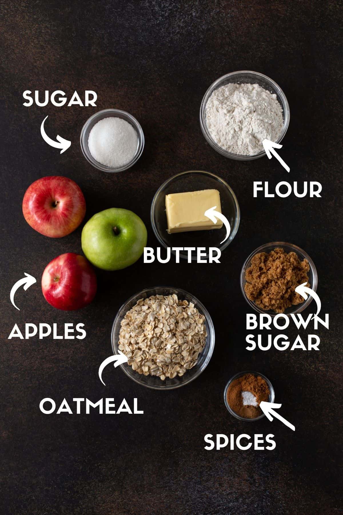 Ingredients for apple bars, including flour, sugars, apples, butter, cinnamon and oats. 