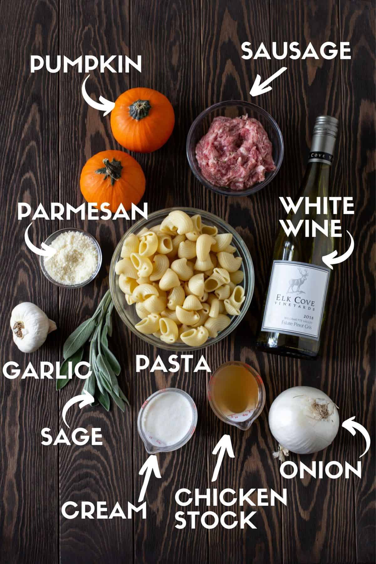 Pumpkin pasta ingredients including sausage, sage leaves, onion, garlic, pumpkin and cream. 