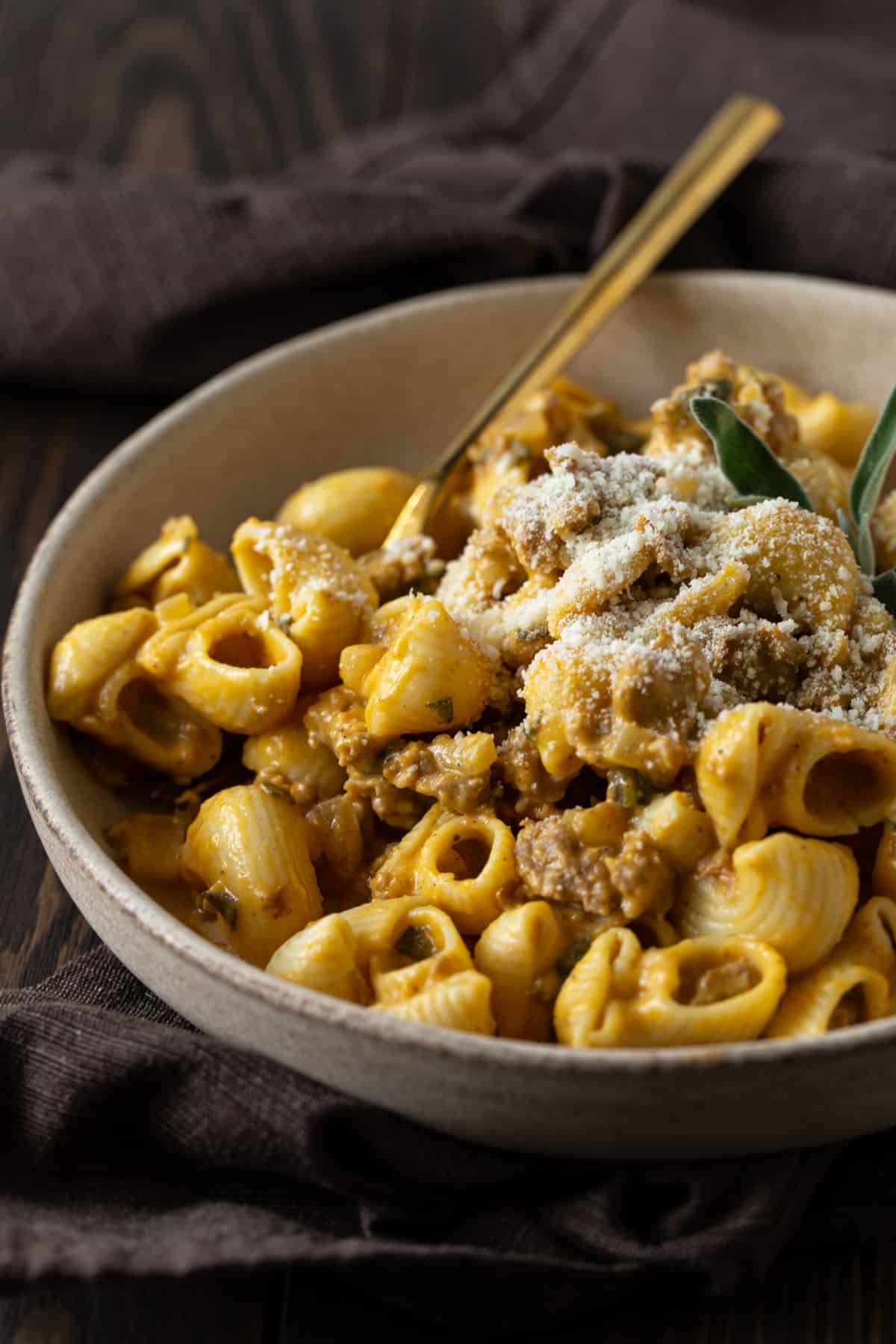 A bowl filled with pasta, with Pumpkin and Sausage