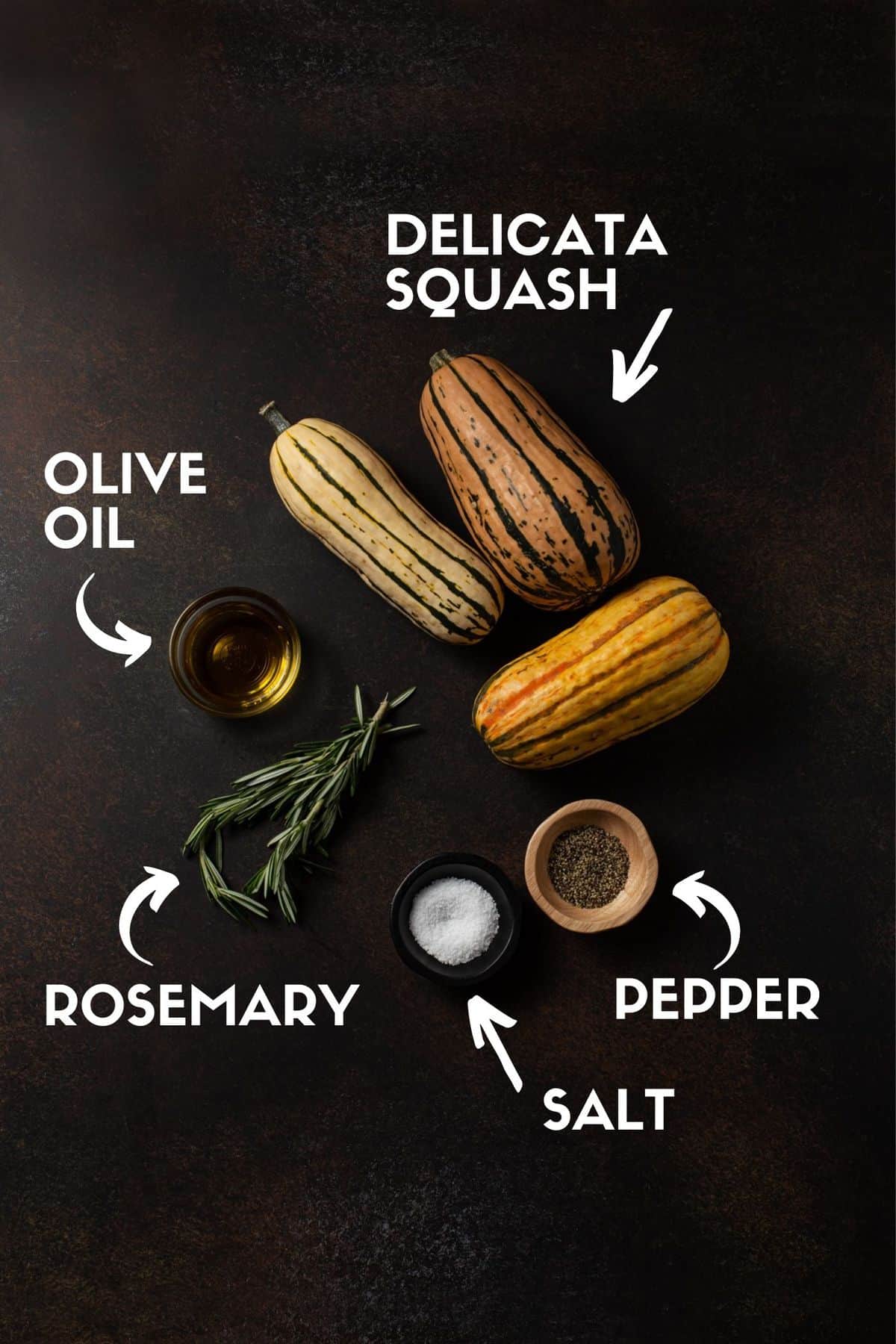 recipe ingredients, including delicata squash, salt, pepper, olive oil and fresh rosemary