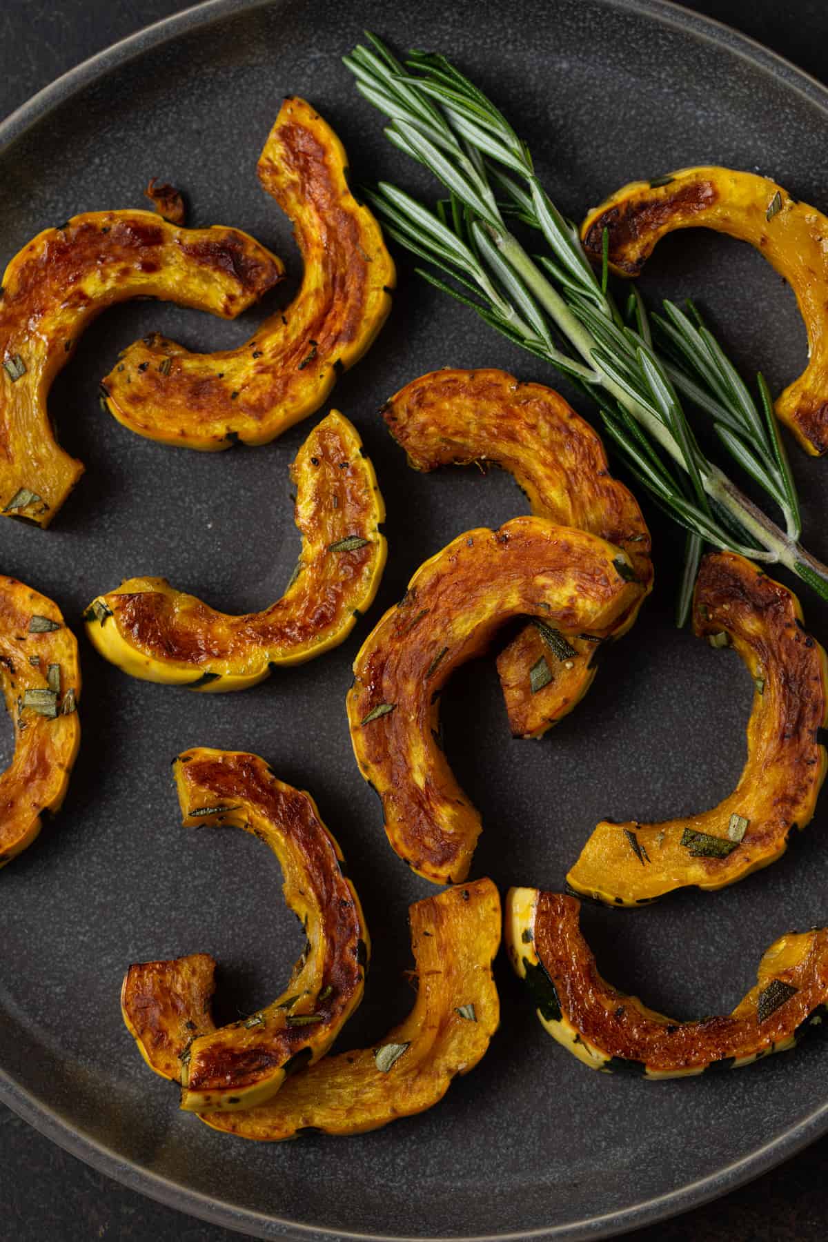 roasted delicata squash pieces on a dark plate with fresh rosemary