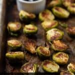 crispy roasted brussels sprouts on sheet pan.